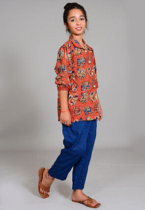 Block Printed Cotton Long Top Set in Rust