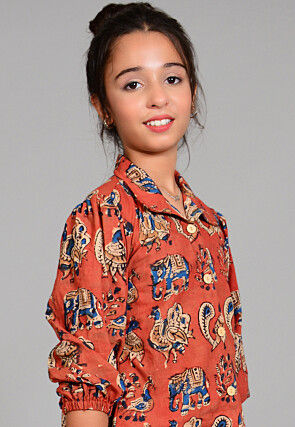 Block Printed Cotton Long Top Set in Rust