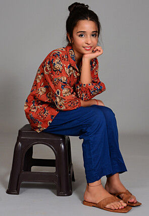 Block Printed Cotton Long Top Set in Rust