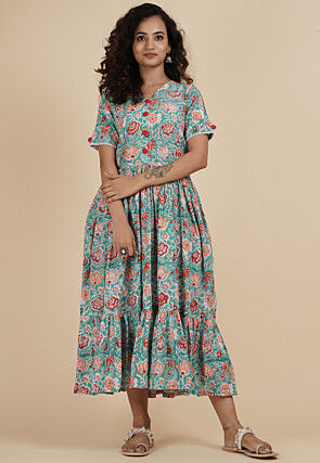Embroidered Pure Cotton Midi Dress in Teal Blue : TXR263