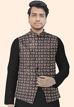 Block Printed Cotton Nehru Jacket in Dark Brown