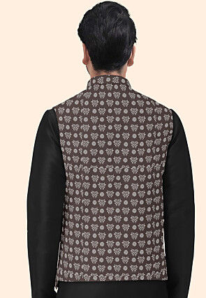 Block Printed Cotton Nehru Jacket in Dark Brown