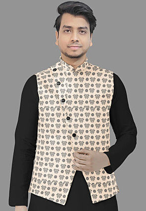 Block Printed Cotton Nehru Jacket in Peach