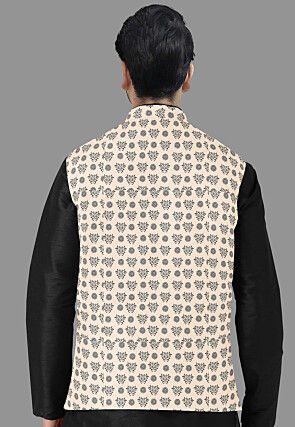 Block Printed Cotton Nehru Jacket in Peach