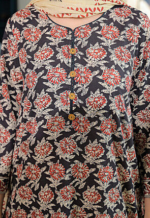 Block Printed Cotton Pakistani Suit in Black