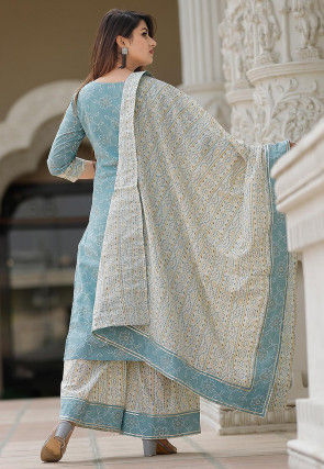 Block Printed Cotton Pakistani Suit in Blue