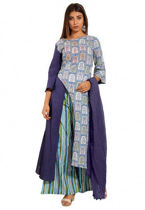 Block Printed Cotton Asymmetric A Line Suit in Blue
