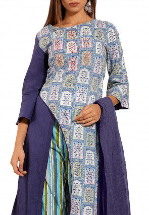 Block Printed Cotton Asymmetric A Line Suit in Blue