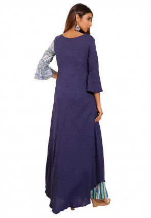 Block Printed Cotton Asymmetric A Line Suit in Blue