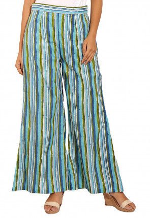 Block Printed Cotton Asymmetric A Line Suit in Blue