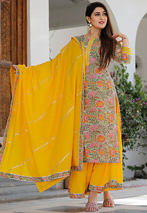 Block Printed Cotton Pakistani Suit in Dusty Green
