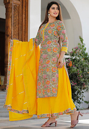 Block Printed Cotton Pakistani Suit in Dusty Green