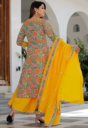 Block Printed Cotton Pakistani Suit in Dusty Green