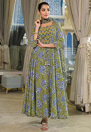 Block Printed Cotton Pakistani Suit in Dusty Green