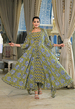 Block Printed Cotton Pakistani Suit in Dusty Green