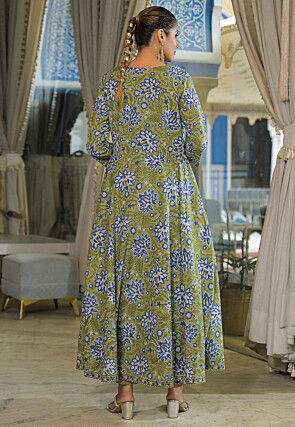 Block Printed Cotton Pakistani Suit in Dusty Green