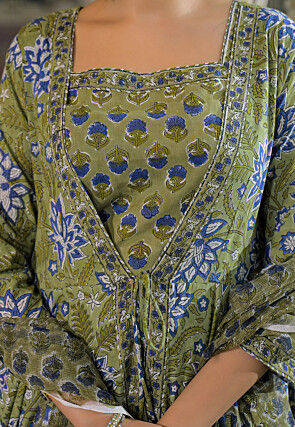 Block Printed Cotton Pakistani Suit in Dusty Green