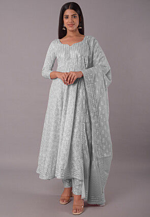 Block Printed Cotton Pakistani Suit in Grey