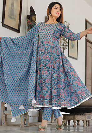 Block Printed Cotton Pakistani Suit in Light Blue