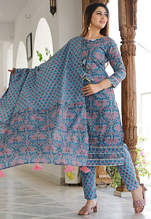 Buy Block Printed Georgette Tiered Abaya Style Kameez in Dusty Blue ...