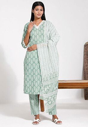 Block Printed Cotton Pakistani Suit in Light Green