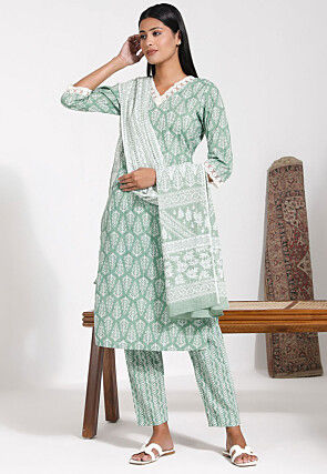 Block Printed Cotton Pakistani Suit in Light Green