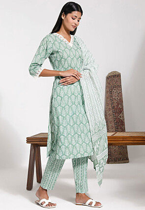 Block Printed Cotton Pakistani Suit in Light Green
