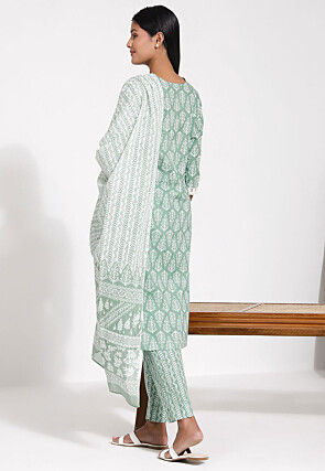 Block Printed Cotton Pakistani Suit in Light Green