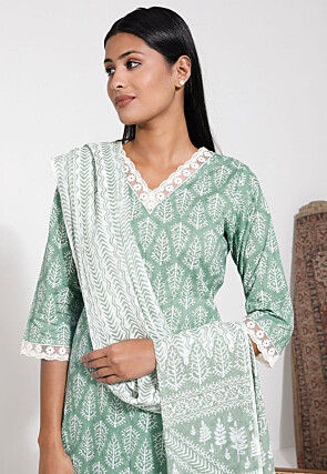 Block Printed Cotton Pakistani Suit in Light Green