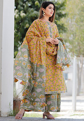 Block Printed Cotton Pakistani Suit in Mustard