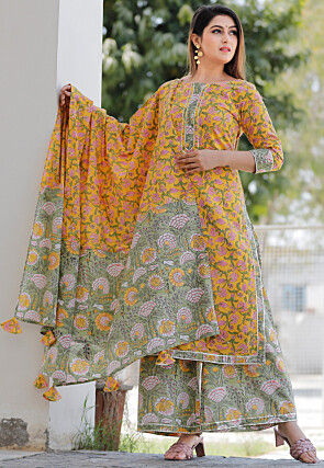 Block Printed Cotton Pakistani Suit in Mustard