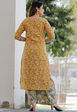 Block Printed Cotton Pakistani Suit in Mustard