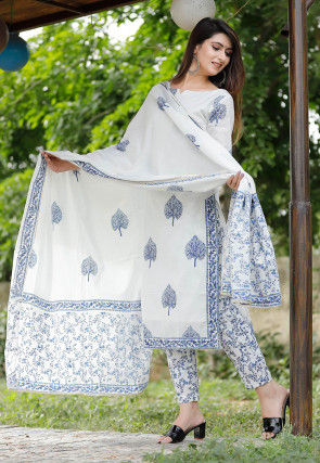 Block Printed Cotton Pakistani Suit in Off White