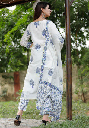 Block Printed Cotton Pakistani Suit in Off White