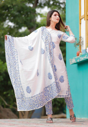 Block Printed Cotton Pakistani Suit in Off White