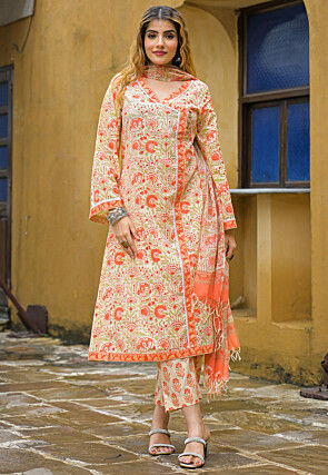 Block Printed Cotton Pakistani Suit in Off White