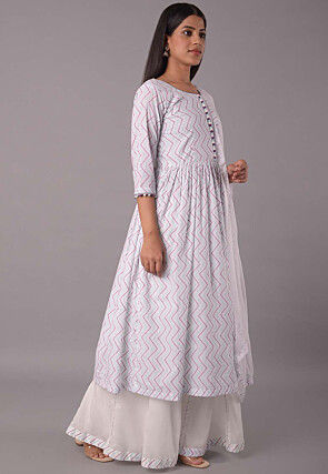 Block Printed Cotton Pakistani Suit in Off White