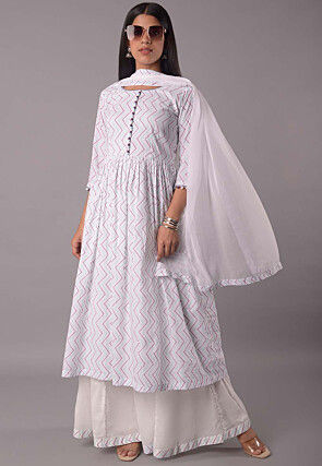 Block Printed Cotton Pakistani Suit in Off White