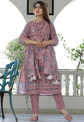 Peach Readymade Printed Pant Suit In Chiffon