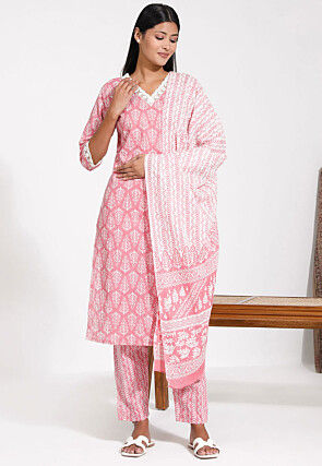Block Printed Cotton Pakistani Suit in Pink