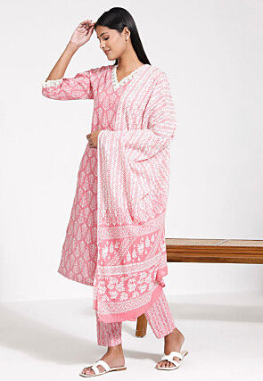 Block Printed Cotton Pakistani Suit in Pink