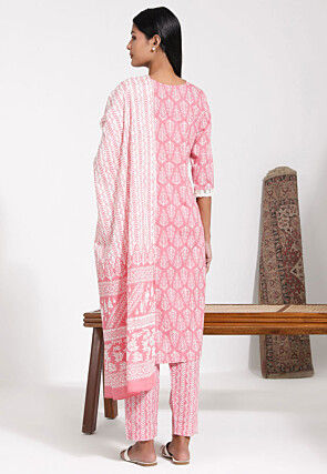 Block Printed Cotton Pakistani Suit in Pink
