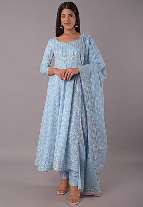 Block Printed Cotton Pakistani Suit in Sky Blue