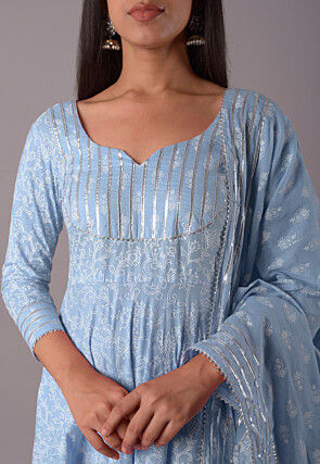 Block Printed Cotton Pakistani Suit in Sky Blue