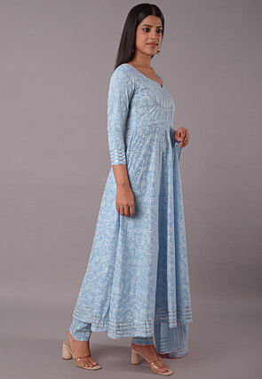 Block Printed Cotton Pakistani Suit in Sky Blue