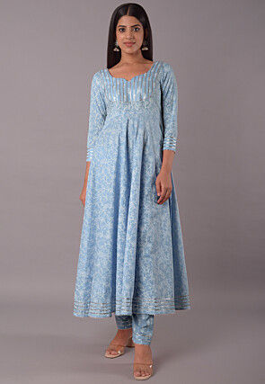 Block Printed Cotton Pakistani Suit in Sky Blue