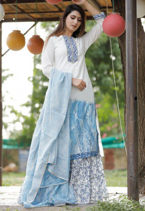Block Printed Cotton Pakistani Suit in White and Blue