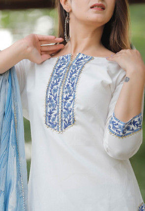 Block Printed Cotton Pakistani Suit in White and Blue