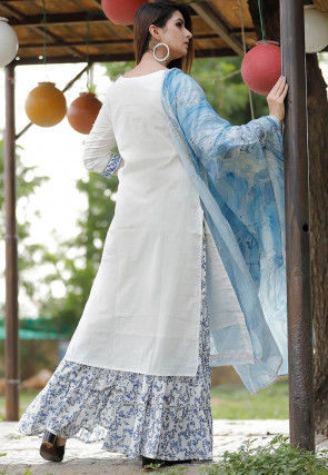 Block Printed Cotton Pakistani Suit in White and Blue