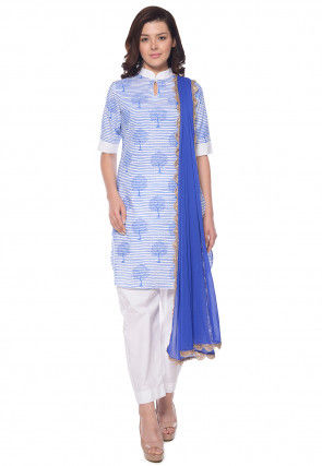 Block Printed Cotton Pakistani Suit in White and Blue